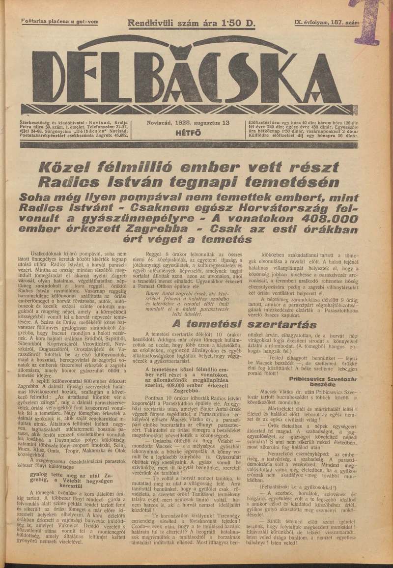 Délbácska, 9. évf. 1928. augusztus 13. 187. sz.