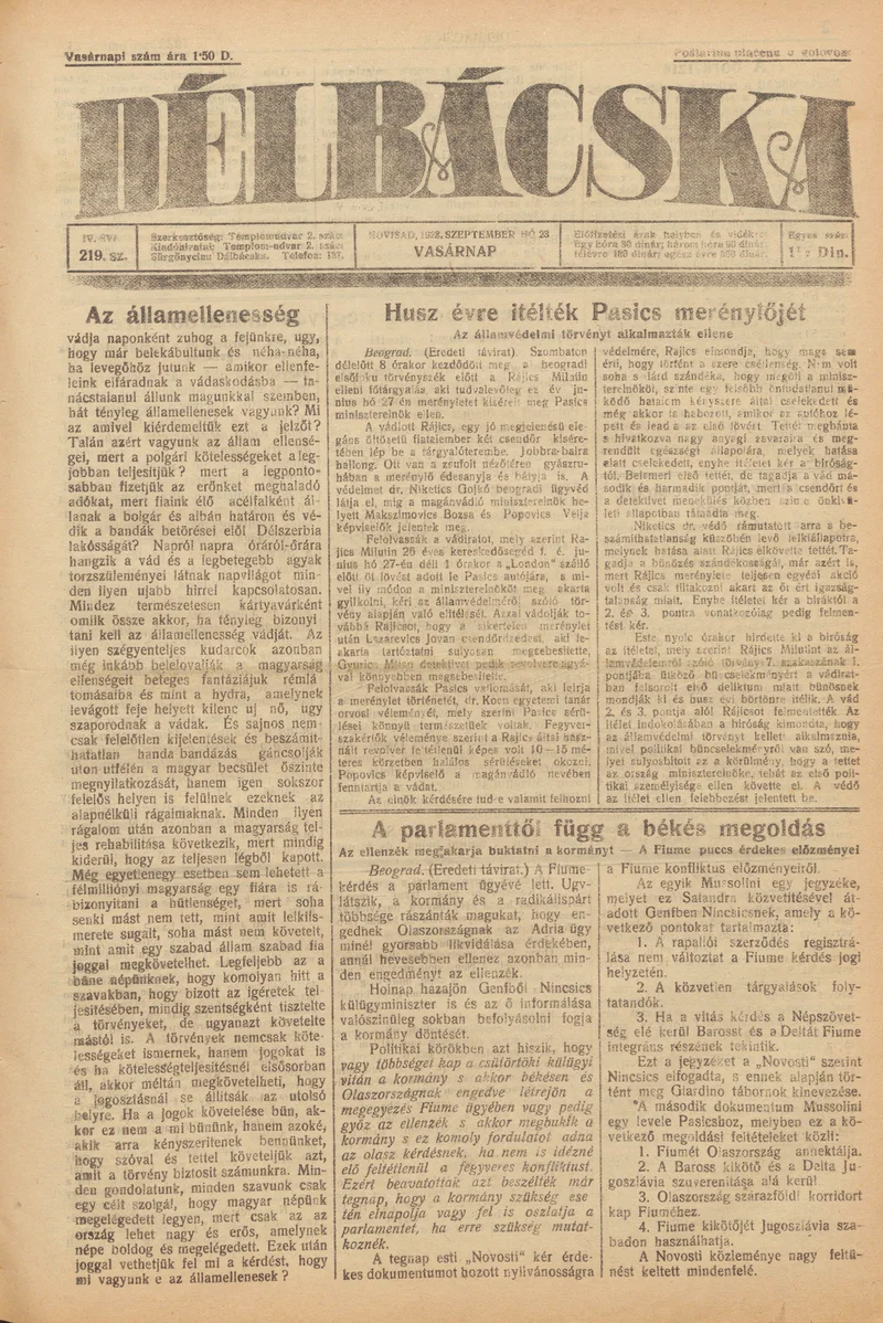 Délbácska, 4. évf. 1923. szeptember 23. 219. sz.