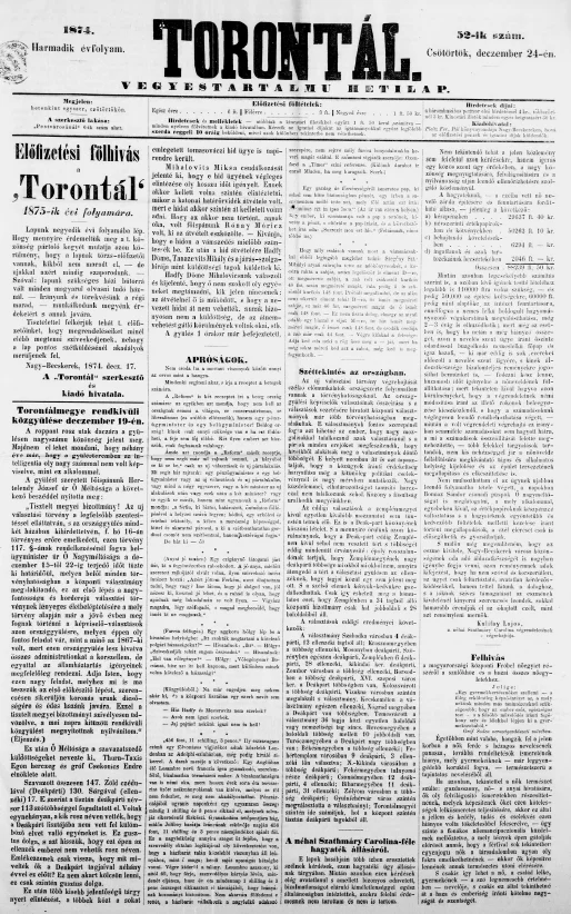 Torontál, 3. évf. 1874. december 24. 52. sz.