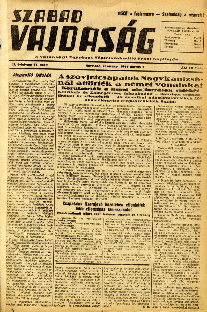 Szabad Vajdaság, 2. évf. 1945. április 1. 74. sz.