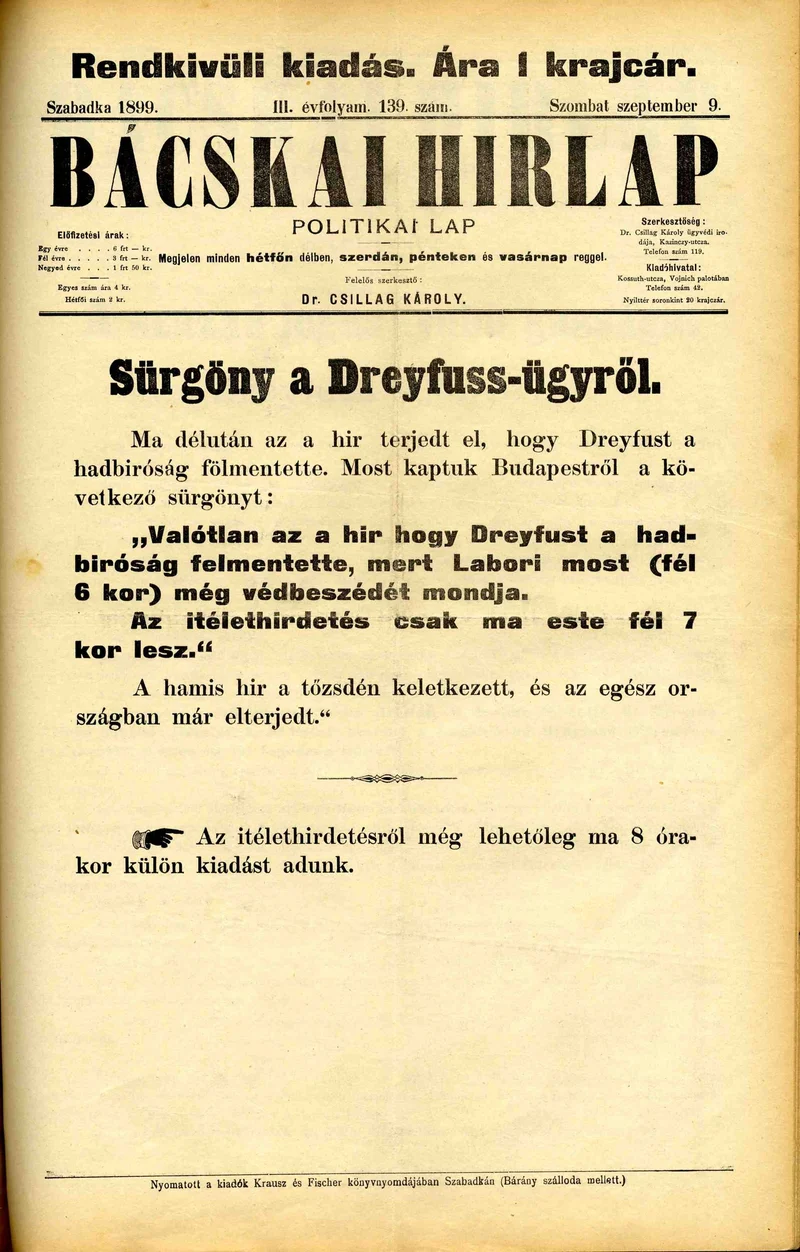 Bácskai Hirlap, 3. évf. 1899. szeptember 9. 139. sz.