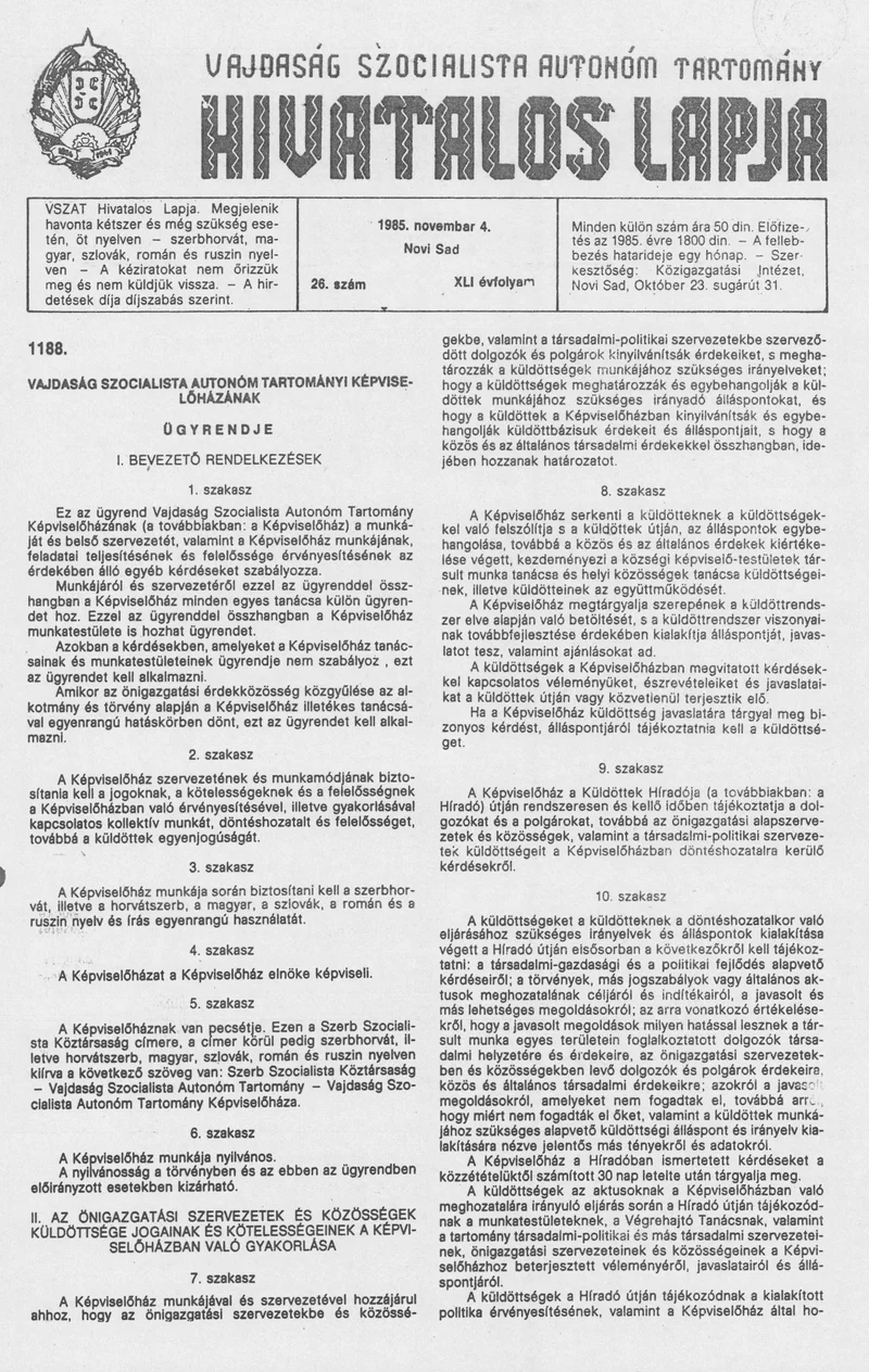 Vajdaság Szocialista Autonóm Tartomány Hivatalos Lapja, 41. évf. 1985. november 4. 26. sz.