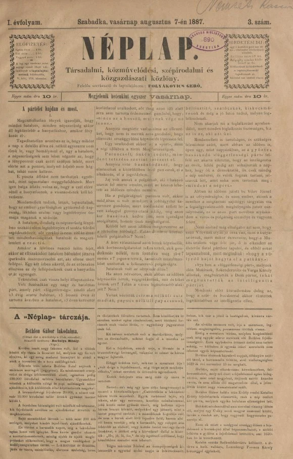 Néplap, 1. évf. 1887. augusztus 7. 3. sz.