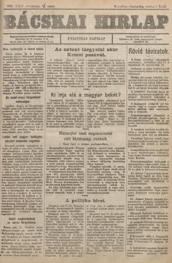 Bácskai Hirlap, 24. évf. 1920. június 1. 76. sz.