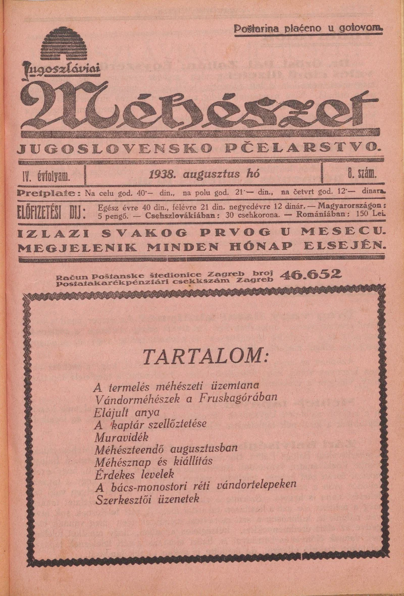 Jugoszláviai méhészet, 4. évf. 1938. augusztus 1. 8. sz.