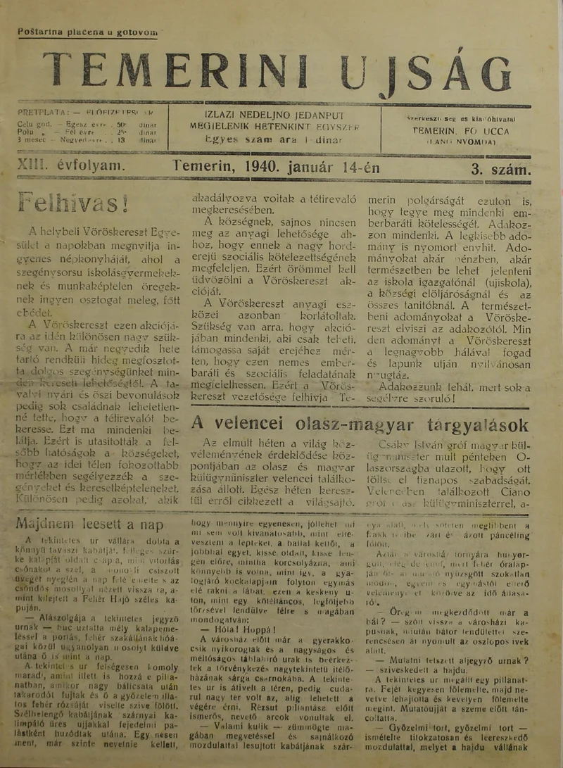 Temerini Újság 1928-1944, 13. évf. 1940. január 14. 3. sz.