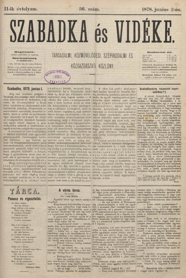 Szabadka és vidéke, 2. évf. 1878. június 2. 36. sz.