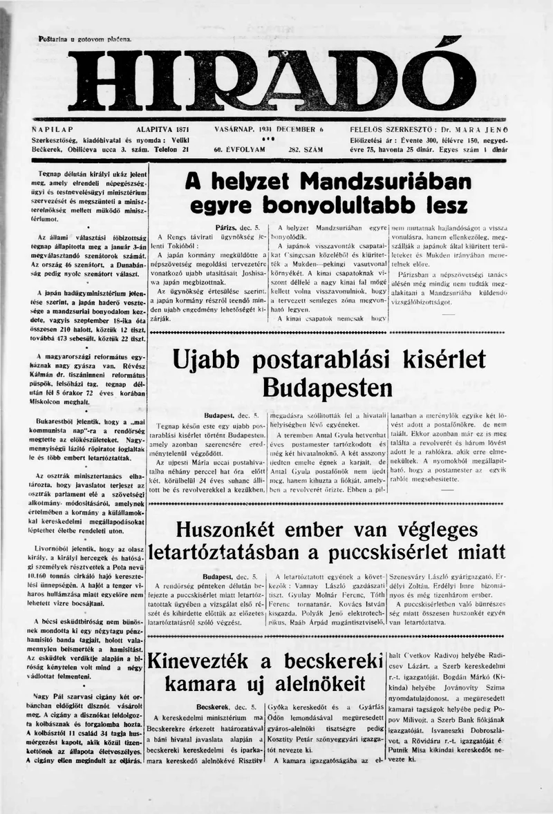 Híradó, 60. évf. 1931. december 6. 282. sz.