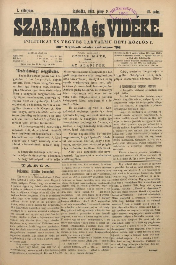Szabadka és vidéke II, 1. évf. 1893. július 9. 21. sz.