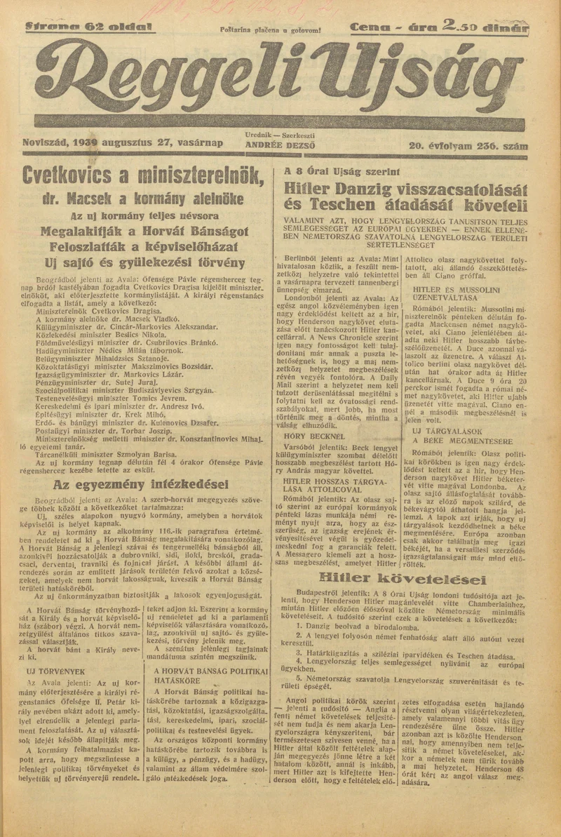 Reggeli Újság, 20. évf. 1939. augusztus 27. 236. sz.
