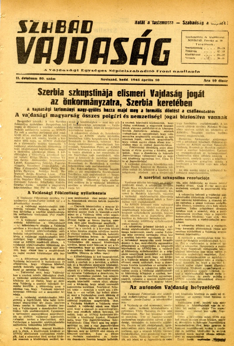 Szabad Vajdaság, 2. évf. 1945. április 10. 80. sz.