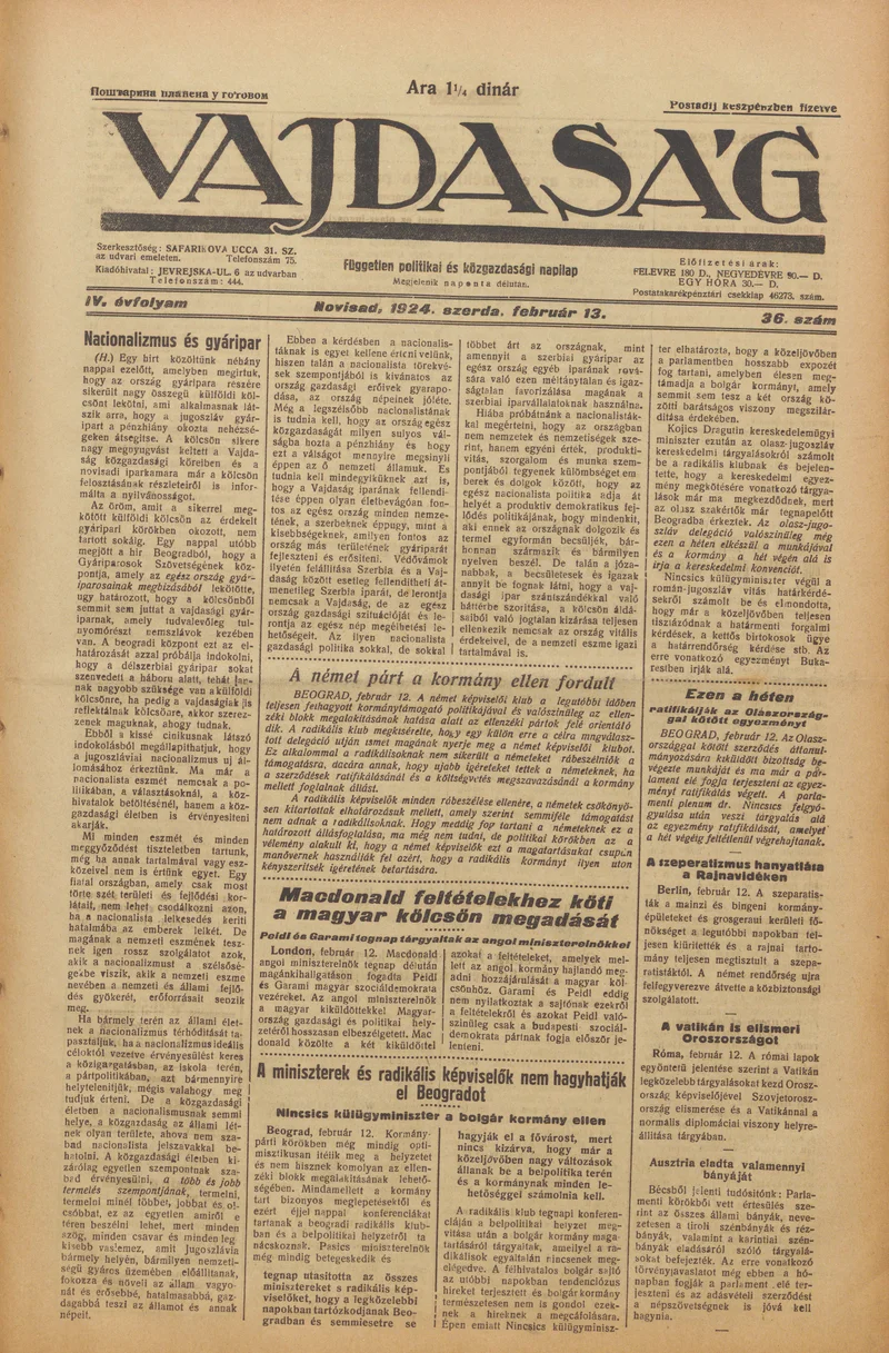 Vajdaság, 4. évf. 1924. február 13. 36. sz.
