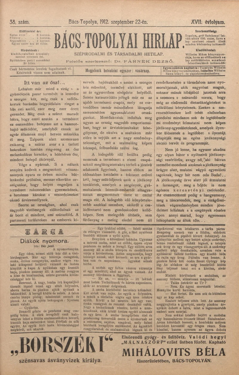 Bács-Topolyai Hirlap, 17. évf. 1912. szeptember 22. 38. sz.