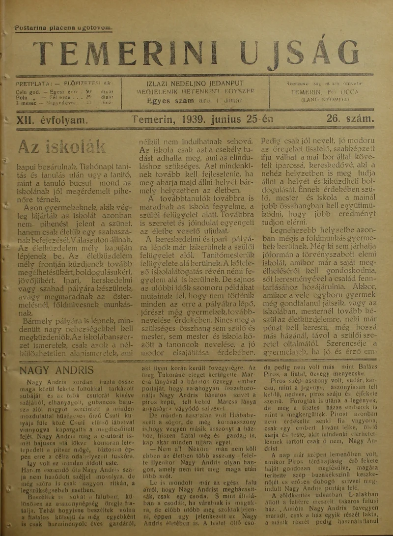 Temerini Újság 1928-1944, 12. évf. 1939. június 25. 26. sz.