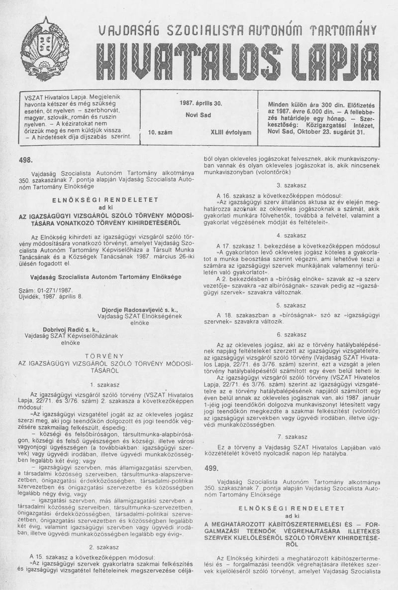 Vajdaság Szocialista Autonóm Tartomány Hivatalos Lapja, 43. évf. 1987. április 30. 10. sz.