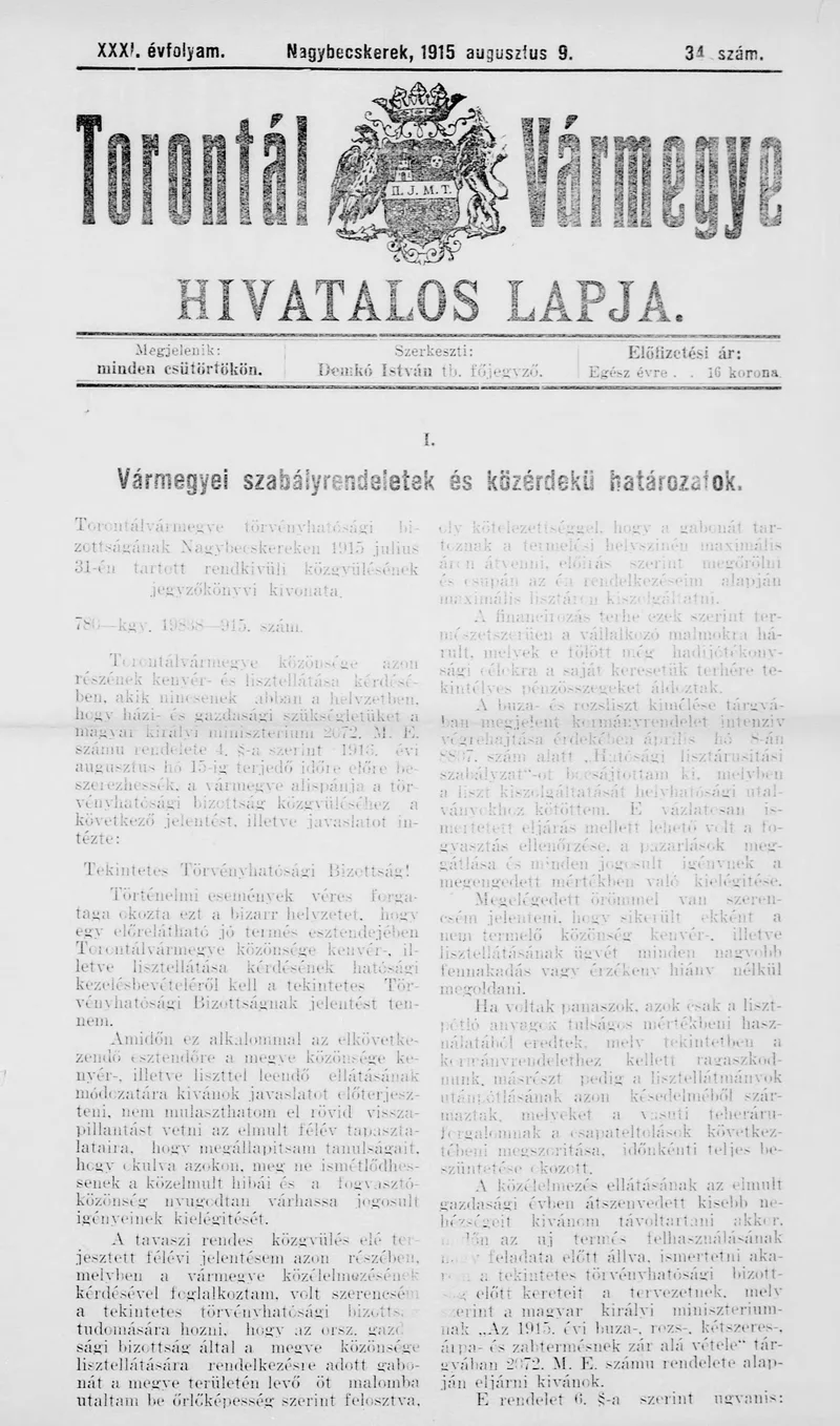 Torontál Vármegye Hivatalos Lapja, 31. évf. 1915. augusztus 9. 34. sz.