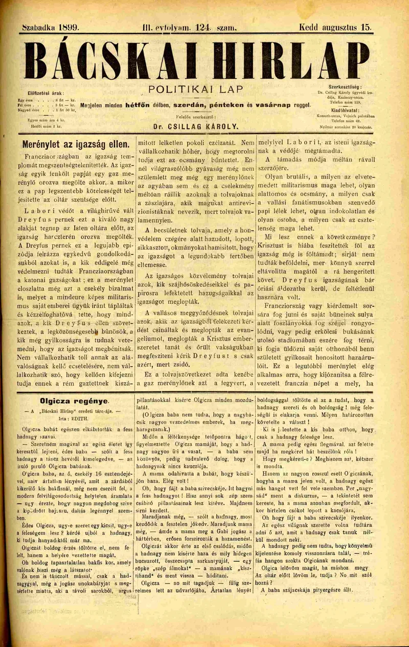 Bácskai Hirlap, 3. évf. 1899. augusztus 15. 124. sz.