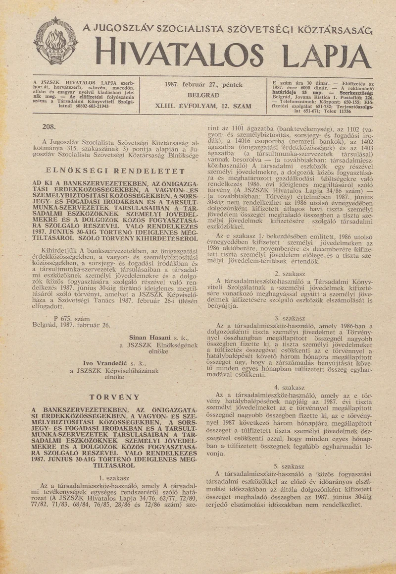 A Jugoszláv Szocialista Szövetségi Köztársaság Hivatalos Lapja, 43. évf. 1987. február 27. 12. sz. 353–360. oldal