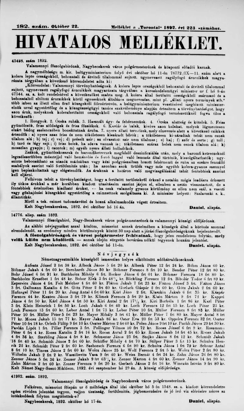 A Totontál  hivatalos melléklete, 5. évf. 1892. október 22. 182. sz.