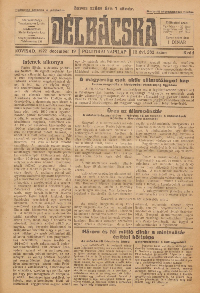 Délbácska, 3. évf. 1922. december 19. 282. sz.