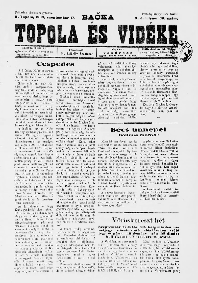 Bačka Topola és Vidéke, 10. évf. 1933. szeptember 17. 38. sz.