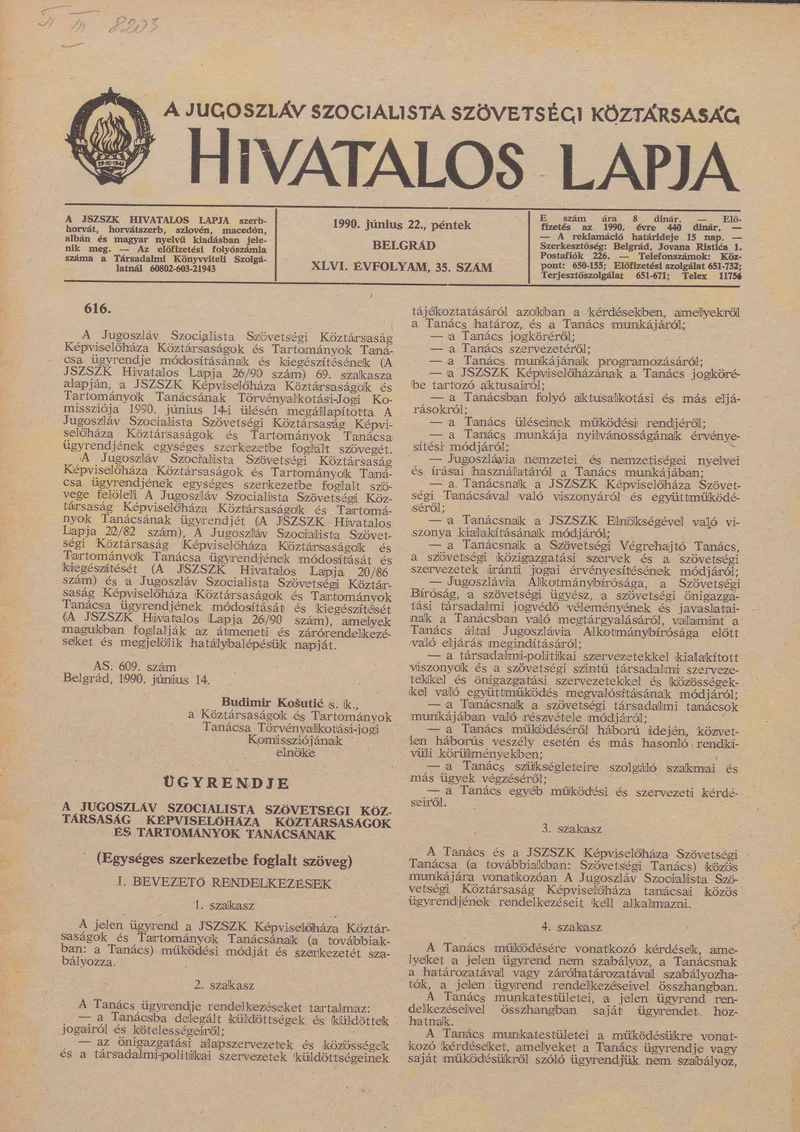 A Jugoszláv Szocialista Szövetségi Köztársaság Hivatalos Lapja, 46. évf. 1990. június 22. 35. sz. 1161–1196. oldal