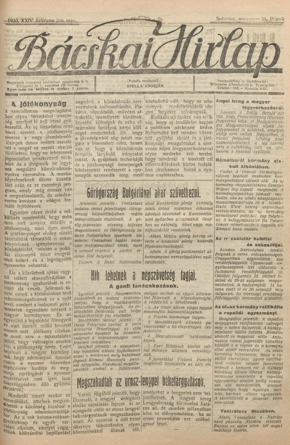 Bácskai Hirlap, 24. évf. 1920. november 26. 206. sz.