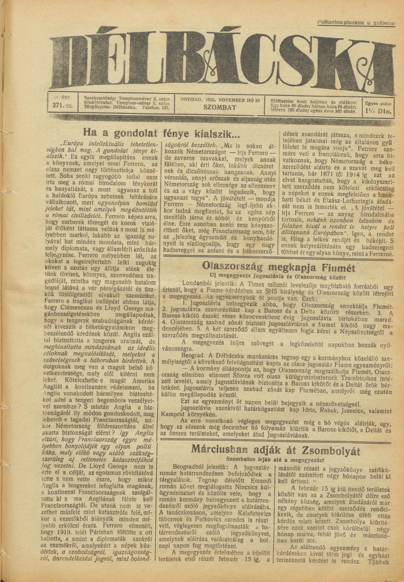 Délbácska, 4. évf. 1923. november 24. 271. sz.