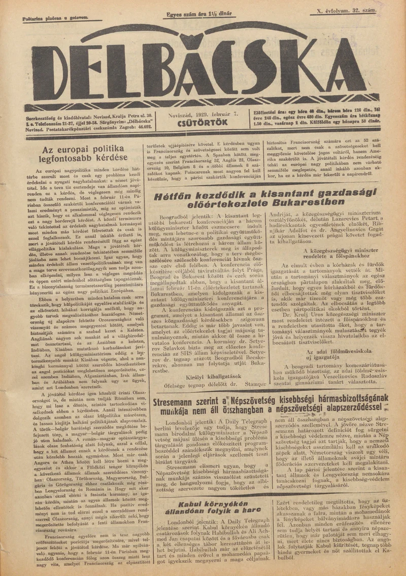 Délbácska, 10. évf. 1929. február 7. 32. sz.