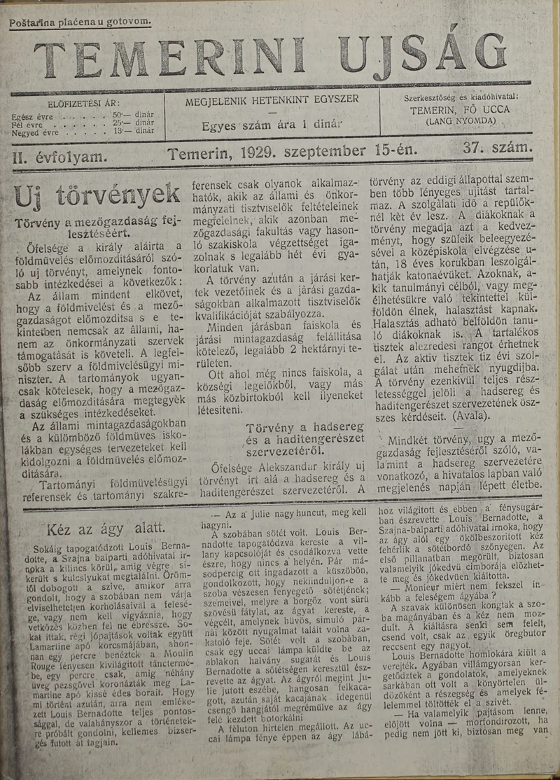 Temerini Újság 1928-1944, 2. évf. 1929. szeptember 15. 37. sz.