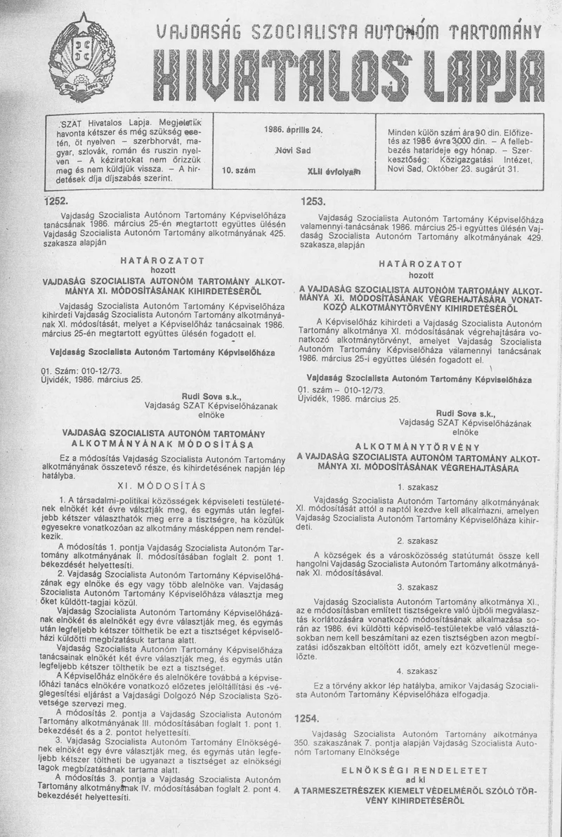 Vajdaság Szocialista Autonóm Tartomány Hivatalos Lapja, 42. évf. 1986. április 24. 10. sz.