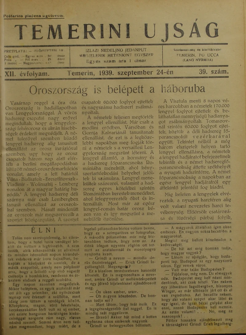 Temerini Újság 1928-1944, 12. évf. 1939. szeptember 24. 39. sz.