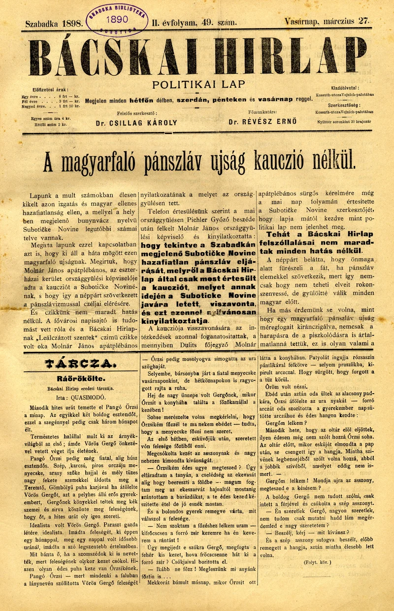 Bácskai Hirlap, 2. évf. 1898. március 27. 49. sz. 1–8. oldal