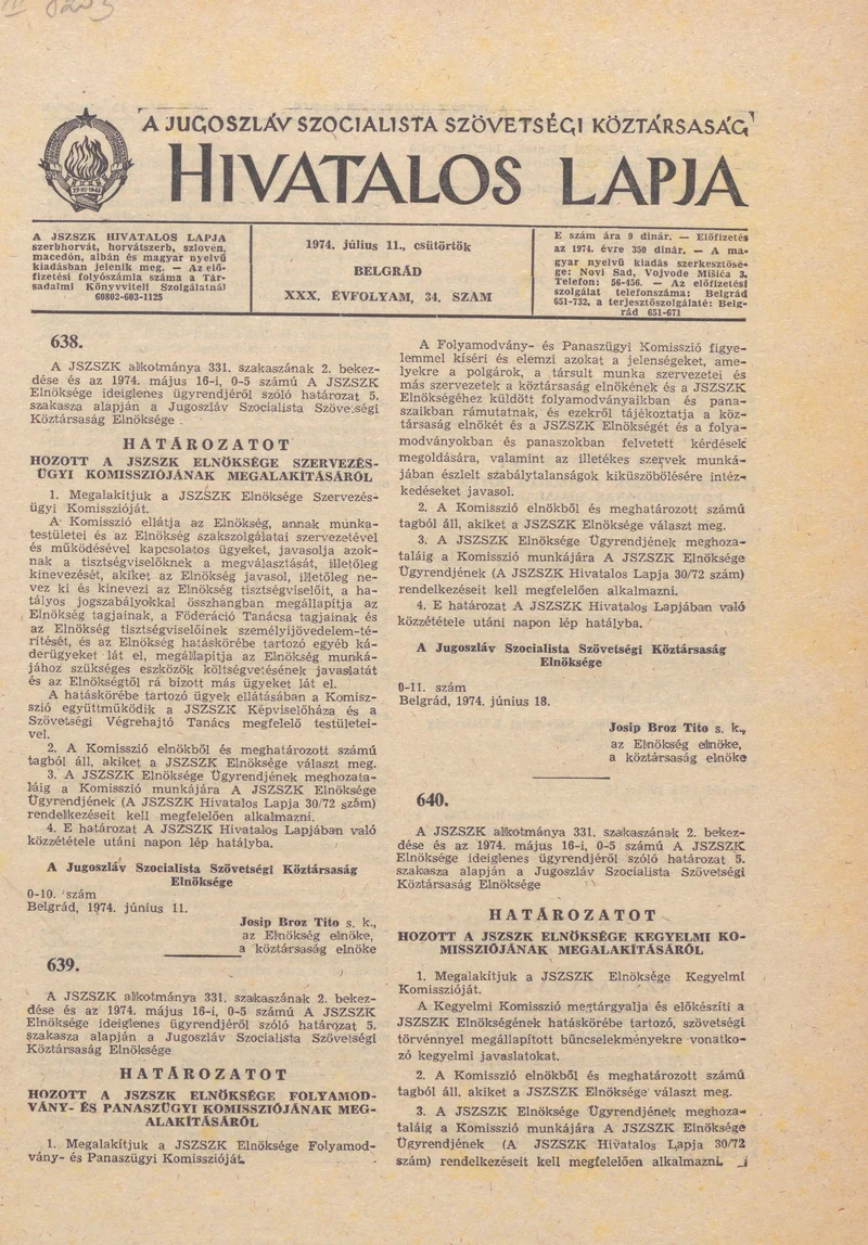 A Jugoszláv Szocialista Szövetségi Köztársaság Hivatalos Lapja, 30. évf. 1974. július 11. 34. sz. 1157–1192. oldal