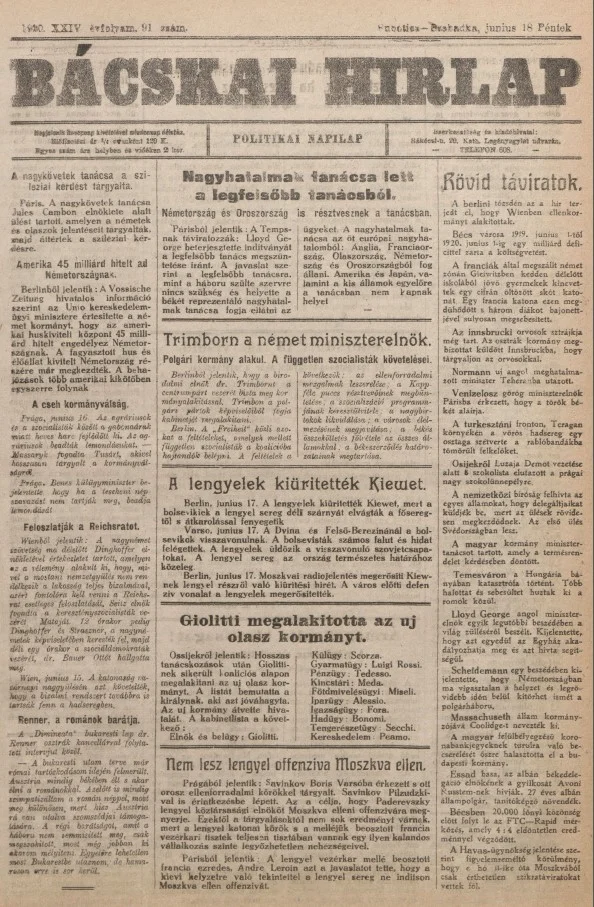 Bácskai Hirlap, 24. évf. 1920. június 18. 91. sz.