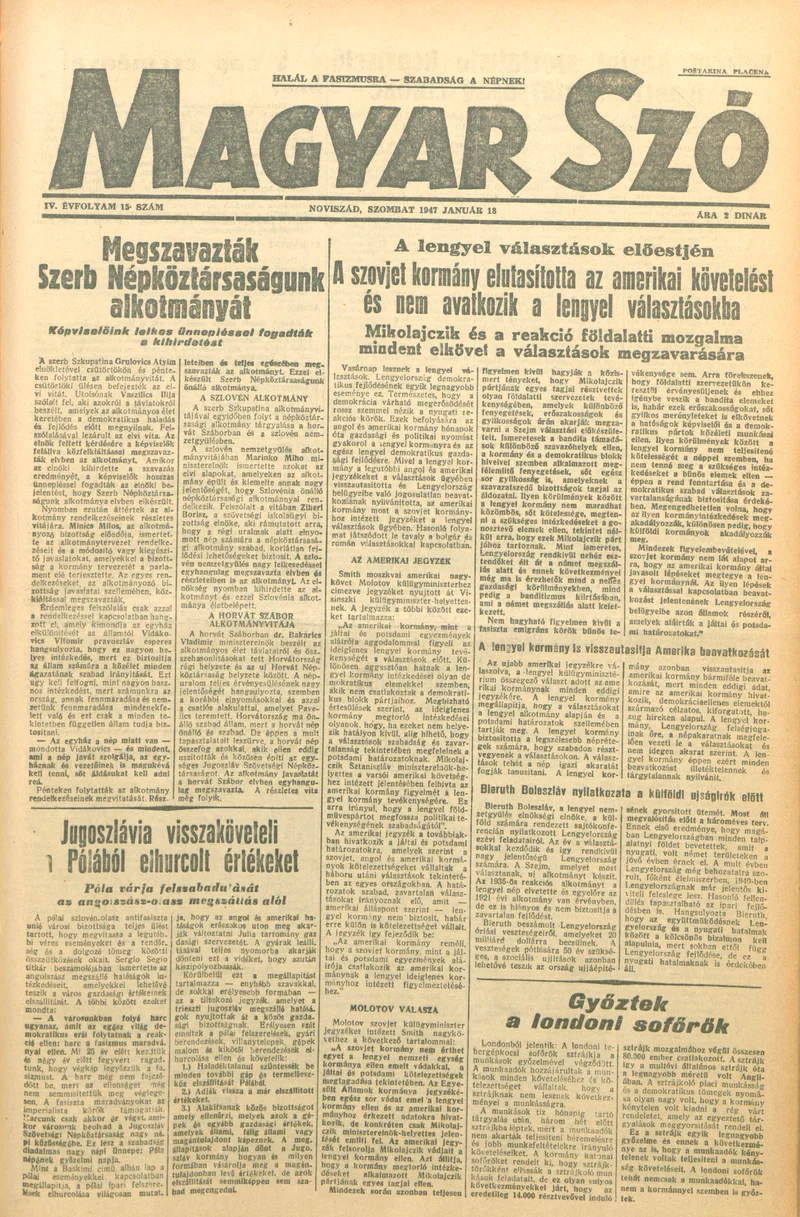 Magyar Szó, 4. évf. 1947. január 18. 15. sz. 1–6. oldal