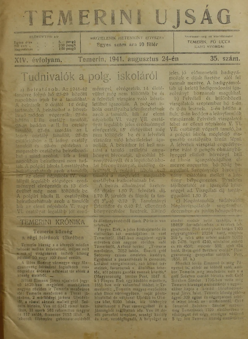 Temerini Újság 1928-1944, 14. évf. 1941. augusztus 24. 35. sz.