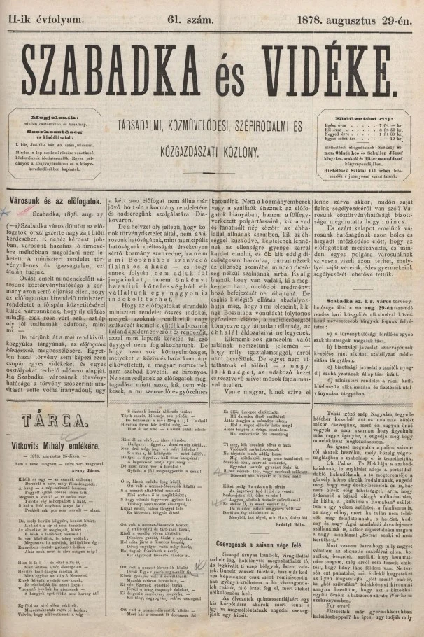 Szabadka és vidéke, 2. évf. 1878. augusztus 29. 61. sz.