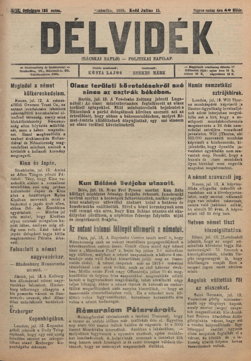 Délvidék, 13. évf. 1919. július 15. 135. sz.