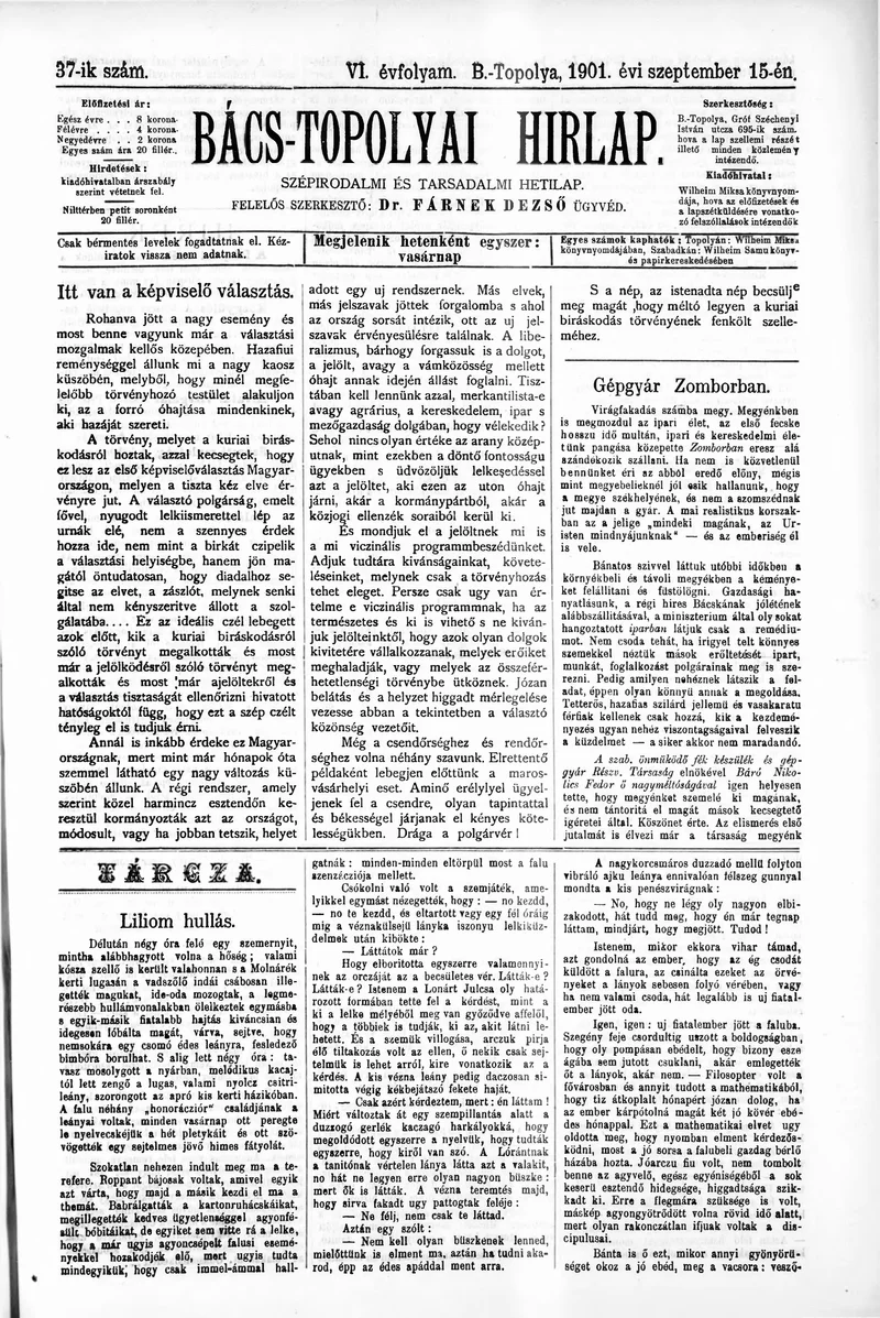 Bács-Topolyai Hirlap, 6. évf. 1901. szeptember 15. 37. sz.