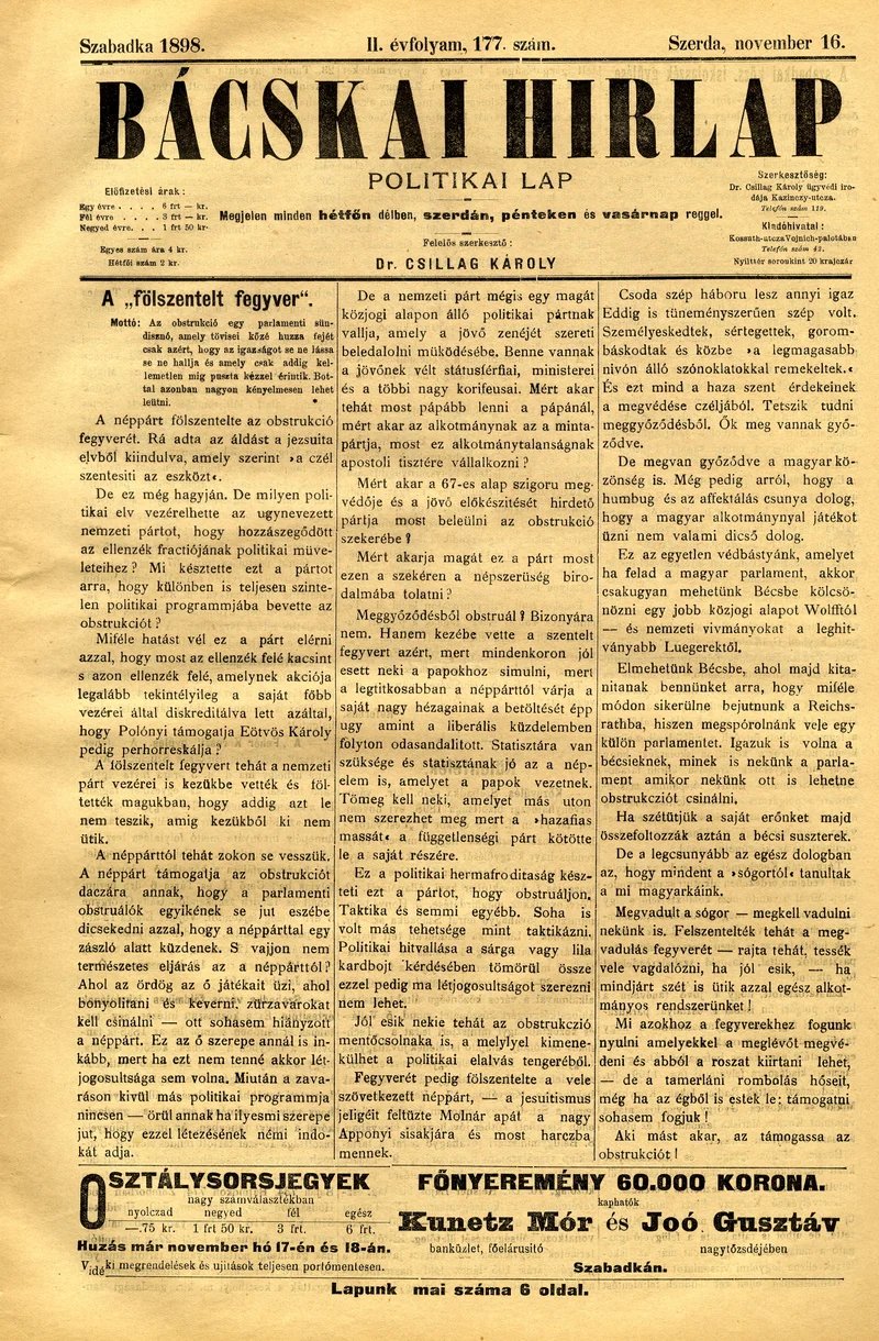 Bácskai Hirlap, 2. évf. 1898. november 16. 177. sz. 1–6. oldal