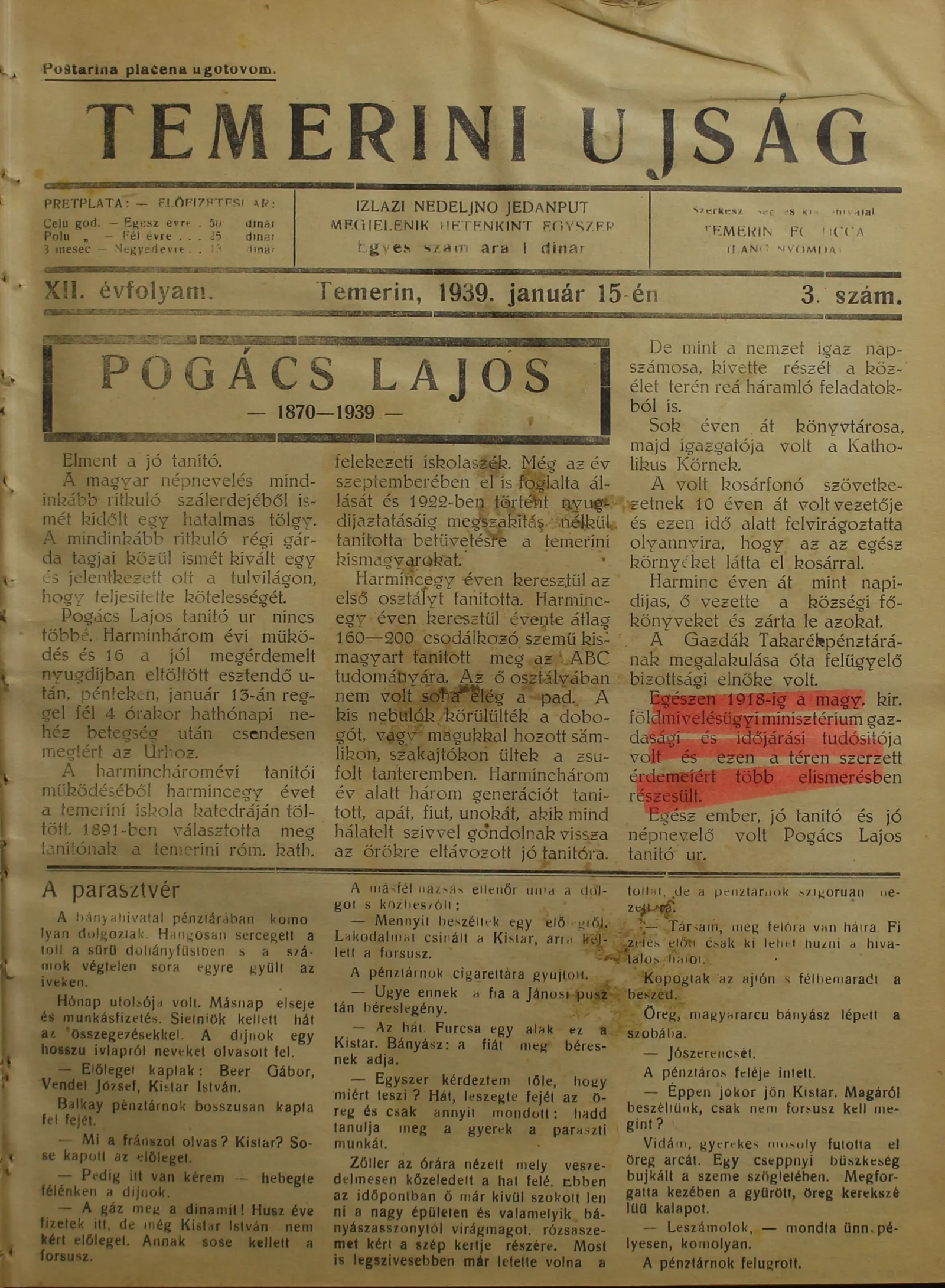 Temerini Újság 1928-1944, 12. évf. 1939. január 15. 3. sz.