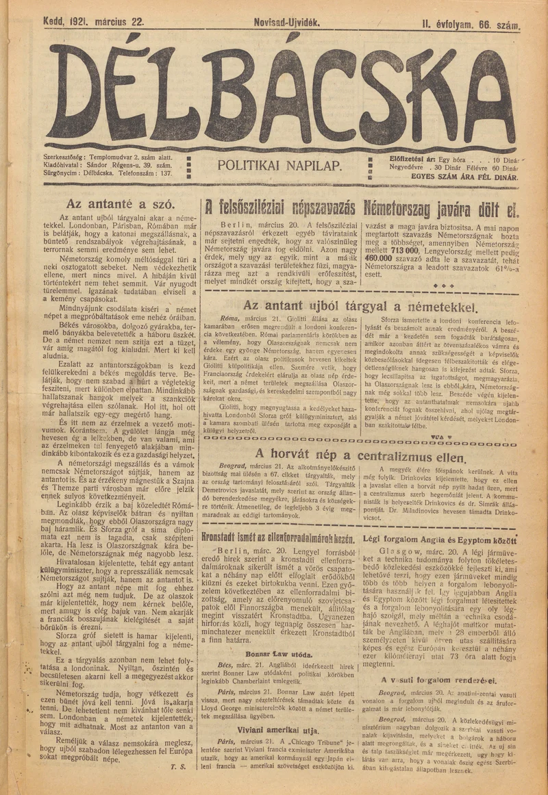 Délbácska, 2. évf. 1921. március 22. 66. sz.