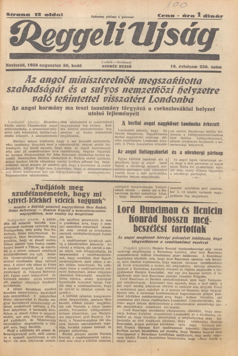 Reggeli Újság, 19. évf. 1938. augusztus 30. 236. sz.