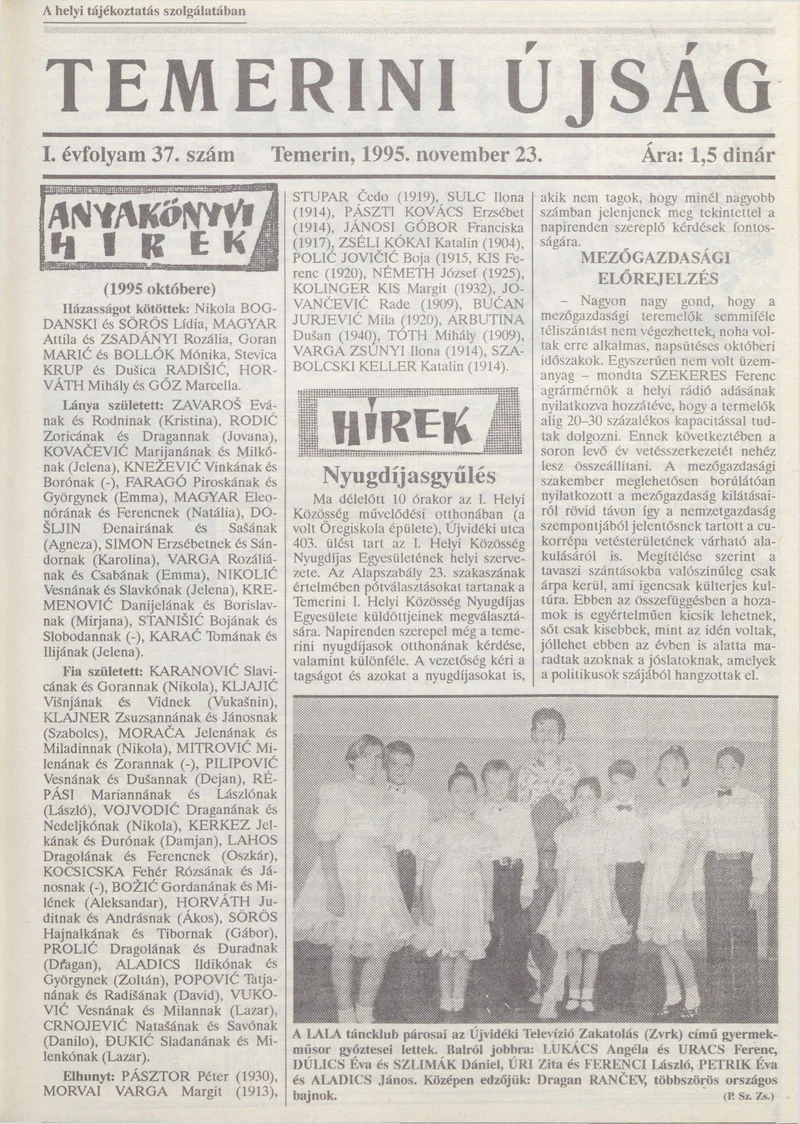 Temerini Újság, 1. évf. 1995. november 23. 37. sz.