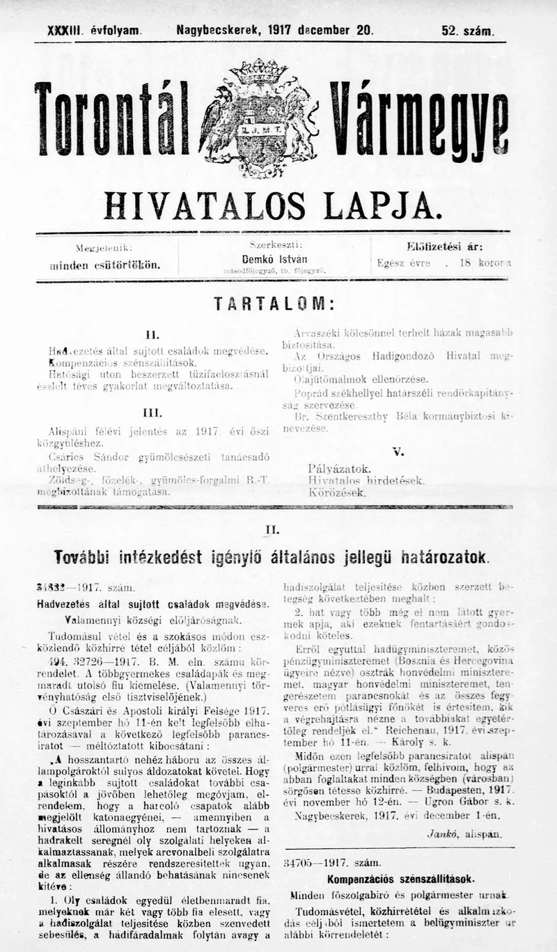 Torontál Vármegye Hivatalos Lapja, 33. évf. 1917. december 20. 52. sz.