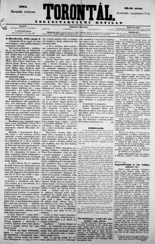 Torontál, 3. évf. 1874. szeptember 3. 36. sz.