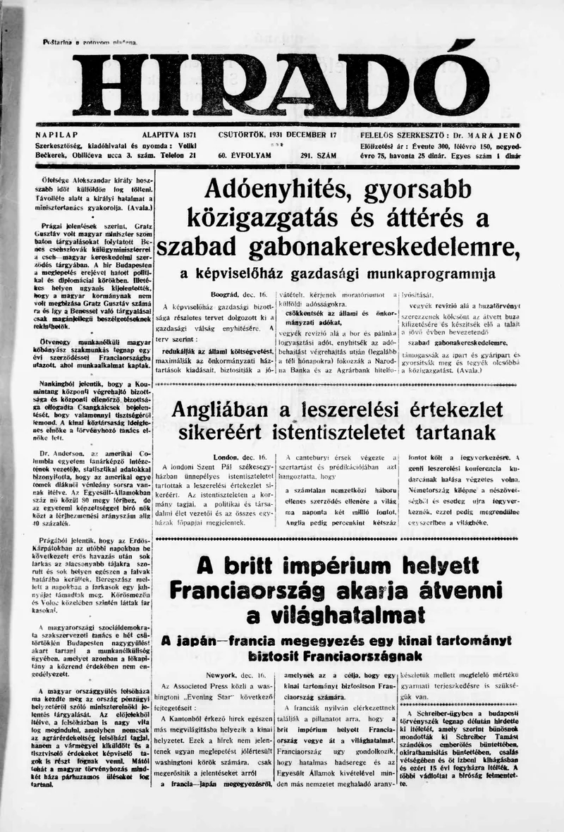 Híradó, 60. évf. 1931. december 17. 291. sz.