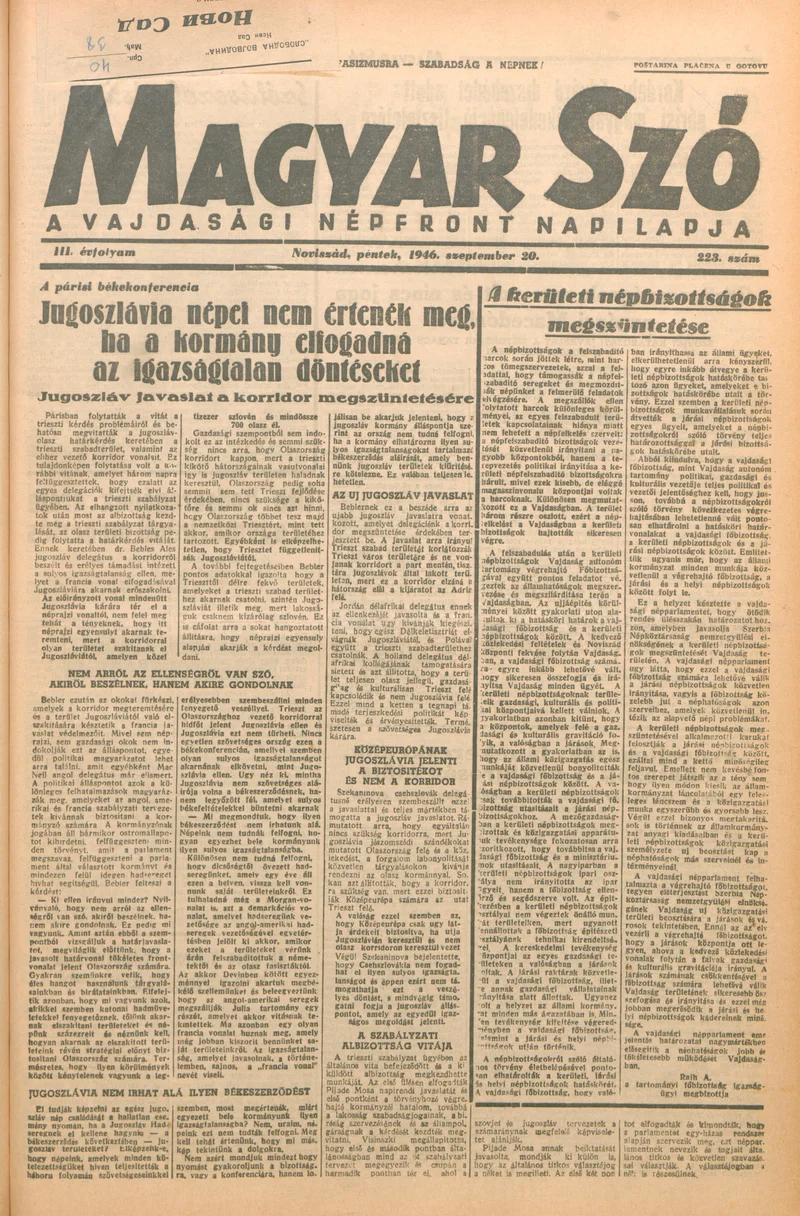 Magyar Szó, 3. évf. 1946. szeptember 20. 223. sz. 1–6. oldal