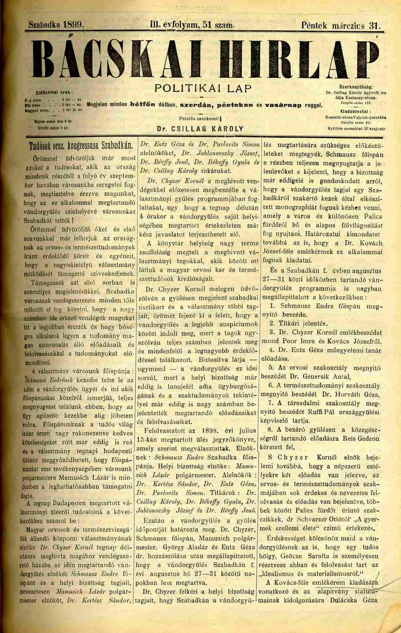 Bácskai Hirlap, 3. évf. 1899. március 31. 51. sz.